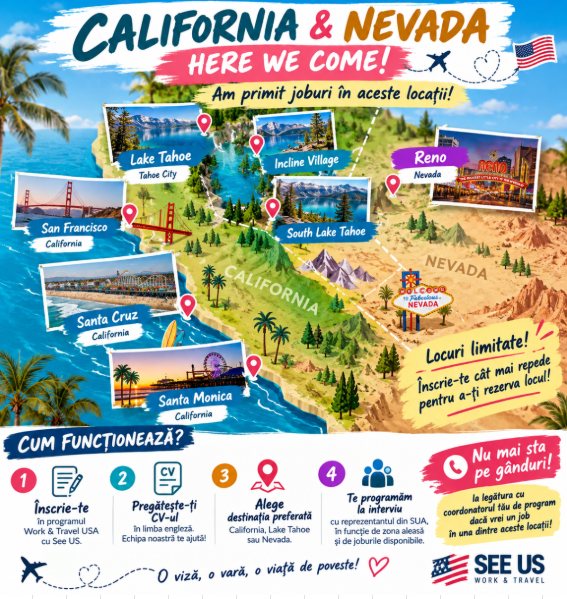 Afiș California & Nevada: Lake Tahoe, Incline Village, South Lake Tahoe, San Francisco, Santa Cruz, Santa Monica, Reno